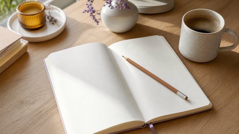 An open notebook with the Spanish alphabet and basic words, a pencil beside it, ready for a beginner study session