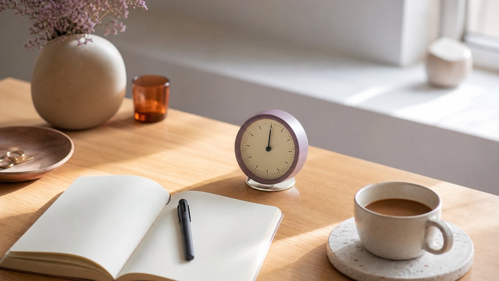 A notebook, a small clock and coffee on a desk, set up for a focused Spanish study session
