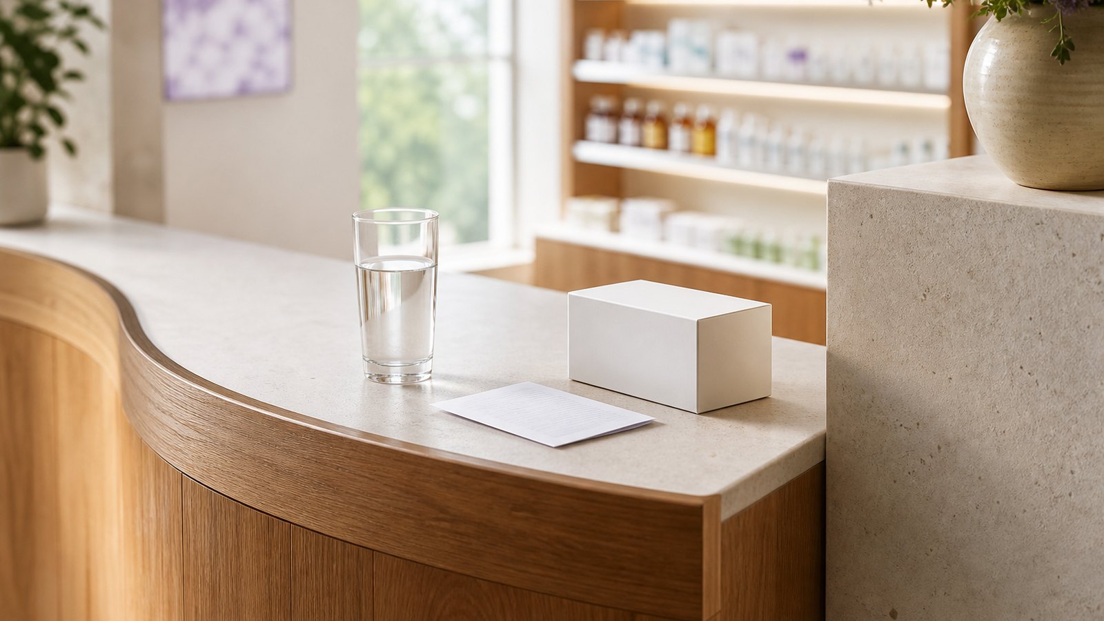 A pharmacy counter scene with medicine, representing medical Spanish phrases for travellers