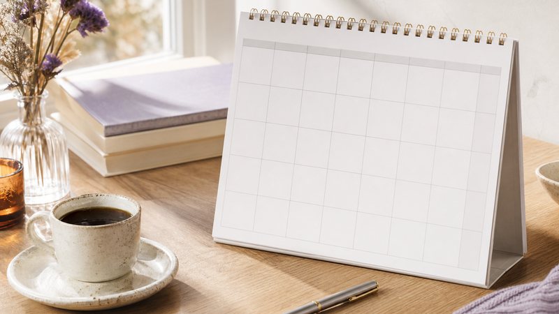 A calendar, coffee and a pen on a desk, planning a Spanish study timeline